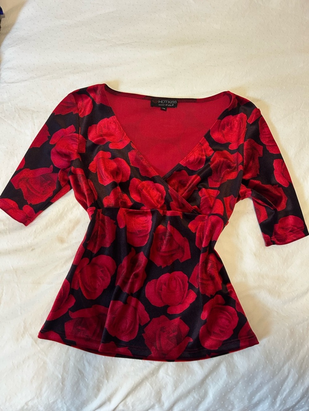 Hot Kiss Black & Red Rose-Print Wrap-Style Blouse